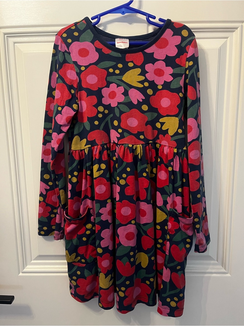 Hanna Andersson Navy Dress with Pink Red and Yellow Floral Print